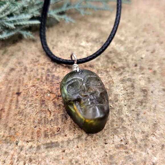 Nature Labradorite Carved Skull Pendant Necklace - Picture 9 of 10